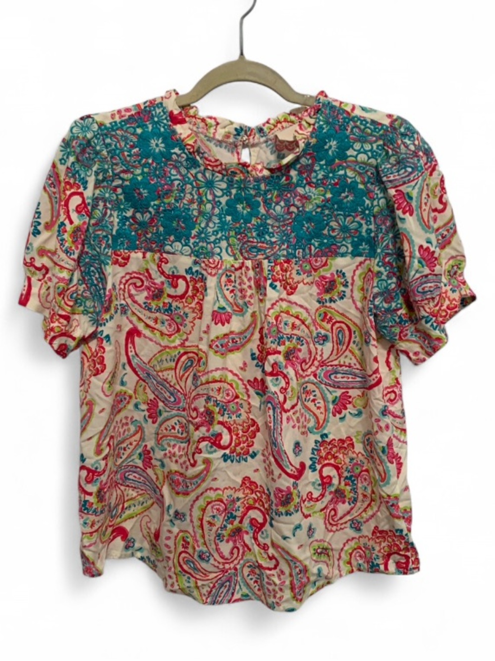 Savanna Jane Teal & Cream Paisley Crochet Yoke Short Sleeve Blouse